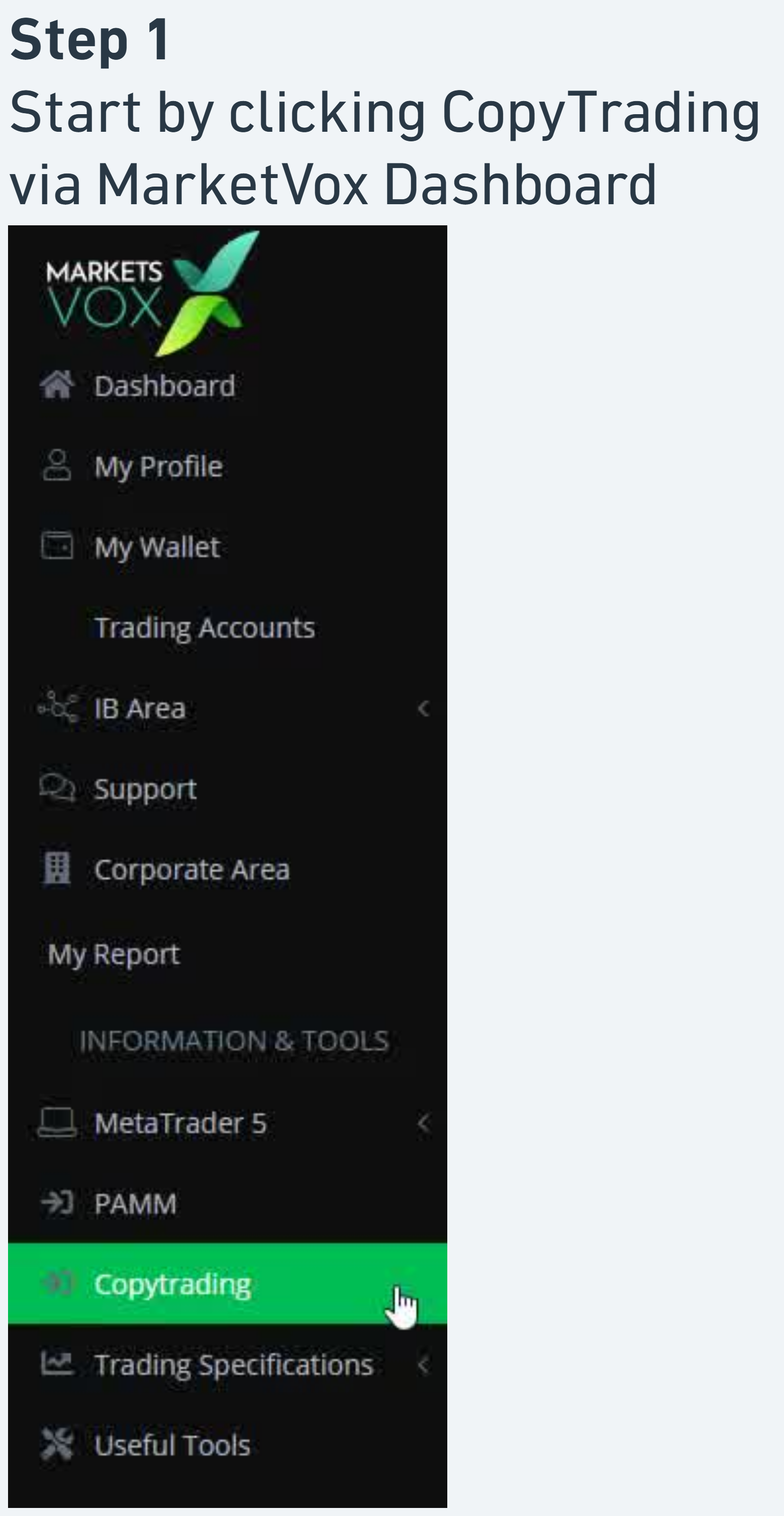 MarketVox dashboard with Copytrading highlighted in sidebar